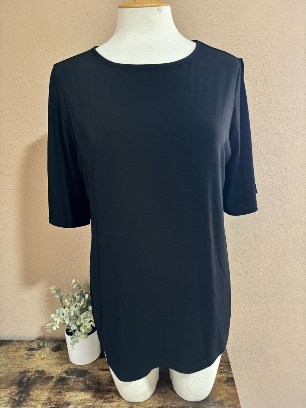 Susan Graver Cold Shoulder Black Elbow-Sleeve Crewneck Top